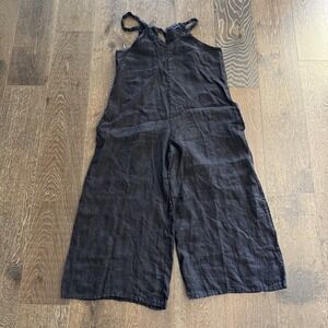 Meo Meli Overall Black Linen Sleeveless Tied Strap Jumpsuit Pockets Wide leg